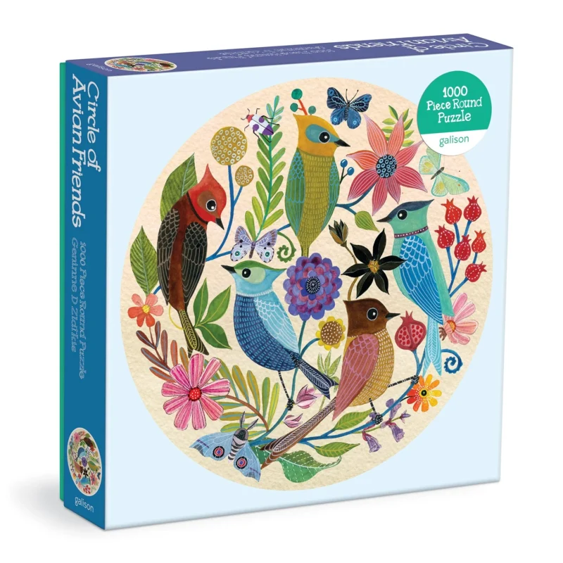 geninne zlatkis circle of avian friends 1000 piece round jigsaw puzzle from galison box angled