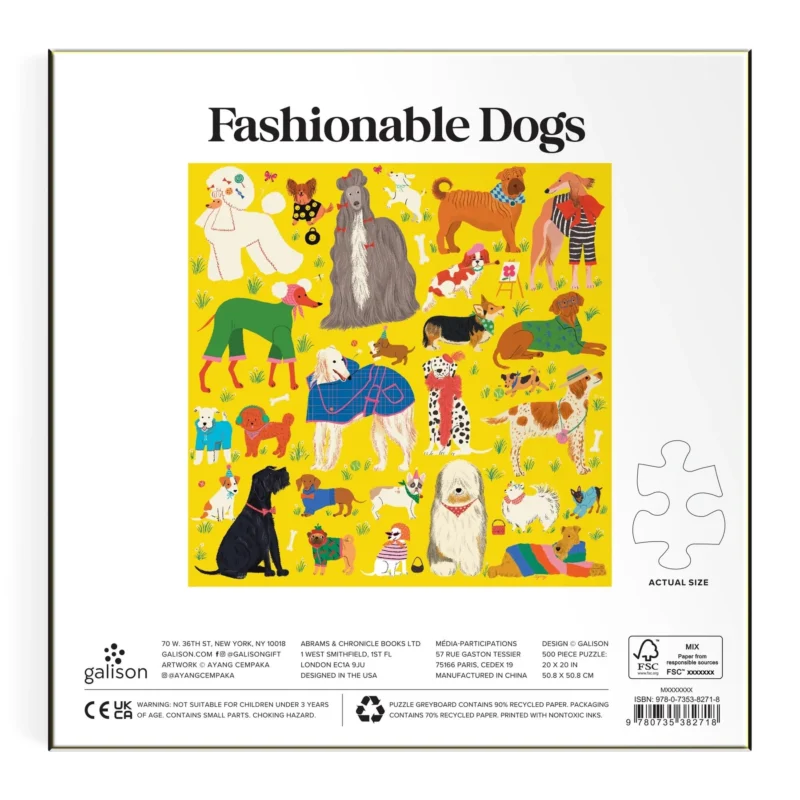 fashionable dogs 500 piece jigsaw puzzle by ayang cempaka from galison back of box