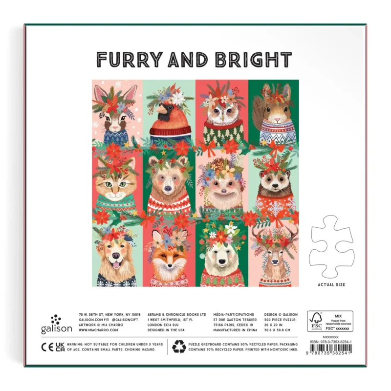 galison furry and bright 500 piece jigsaw puzzle by mia charro box back