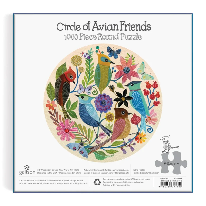 geninne zlatkis circle of avian friends 1000 piece round jigsaw puzzle from galison box back