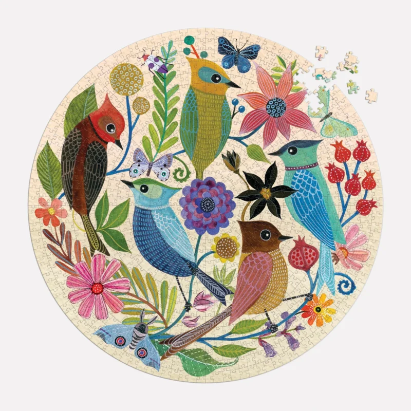 geninne zlatkis circle of avian friends 1000 piece round jigsaw puzzle from galison partly completed jigsaw