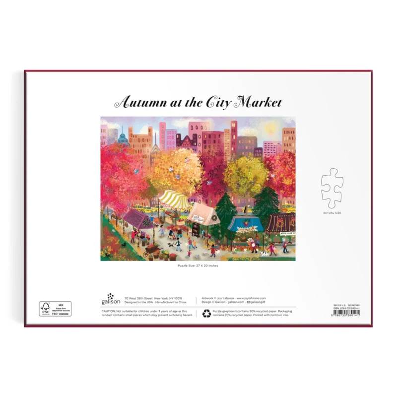 joy laforme autumn at the city market 1000 piece jigsaw puzzle from galison showing box back