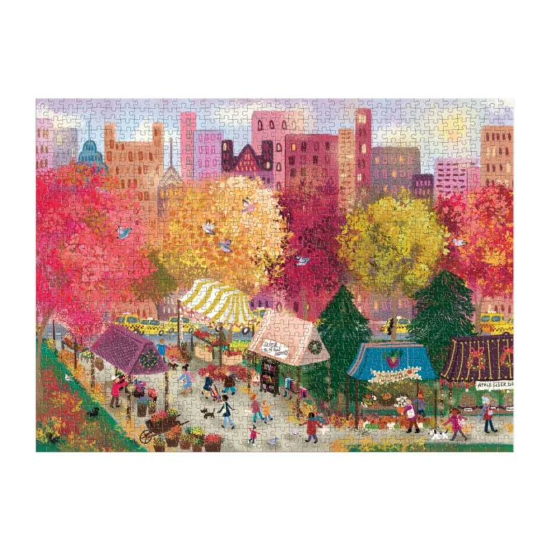 joy laforme autumn at the city market 1000 piece jigsaw puzzle from galison showing completed jigsaw