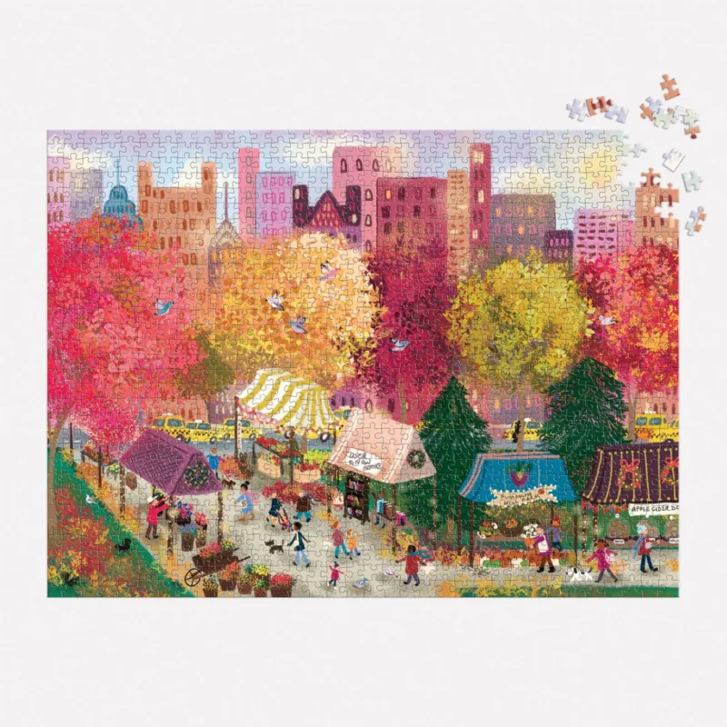 joy laforme autumn at the city market 1000 piece jigsaw puzzle from galison showing jigsaw in progress