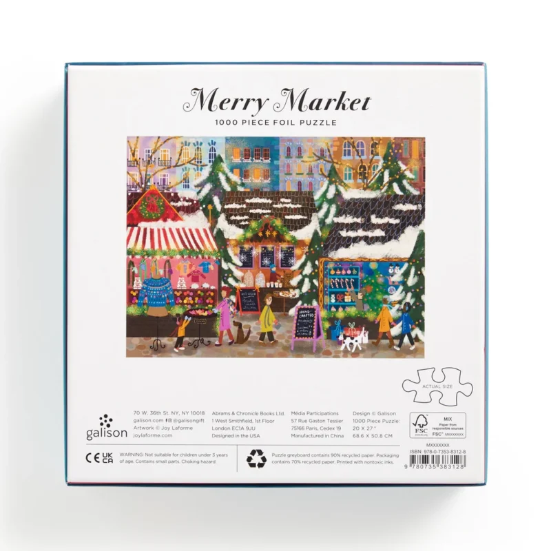 merry market 1000 piece foil jigsaw puzzle by joy laforme from galison box back