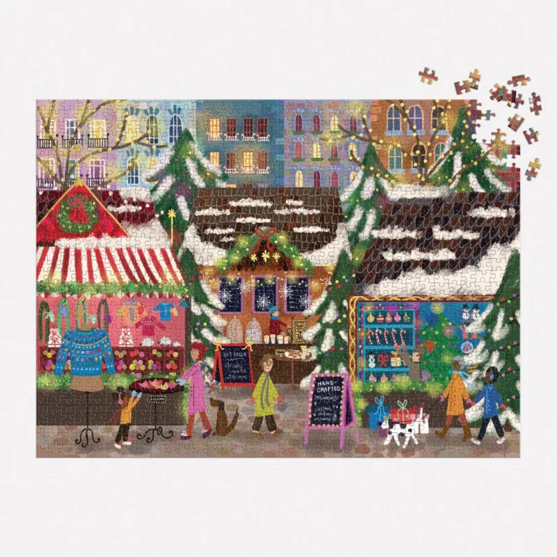 merry market 1000 piece foil jigsaw puzzle by joy laforme from galison partly completed