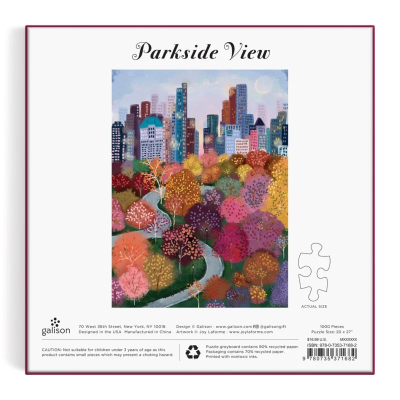 joy laforme parkside view 1000 piece jigsaw puzzle in a square box from galison box back