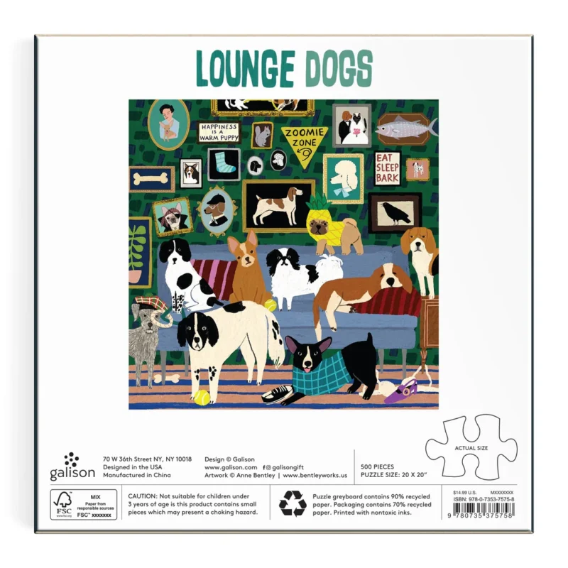 galison lounge dogs 500 piece jigsaw puzzle by anne bentley box back