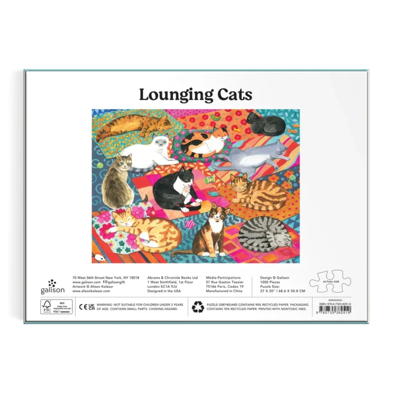 galison lounging cats 1000 piece jigsaw puzzle by alison kolesar box back