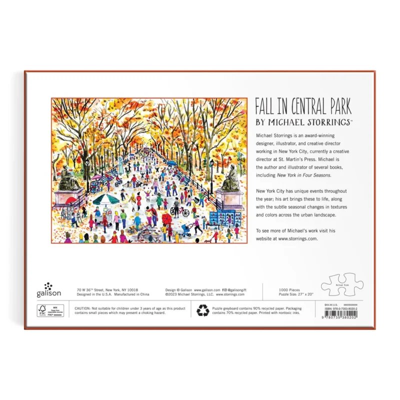 michael storrings fall in central park 1000 piece jigsaw puzzle from galison back of box