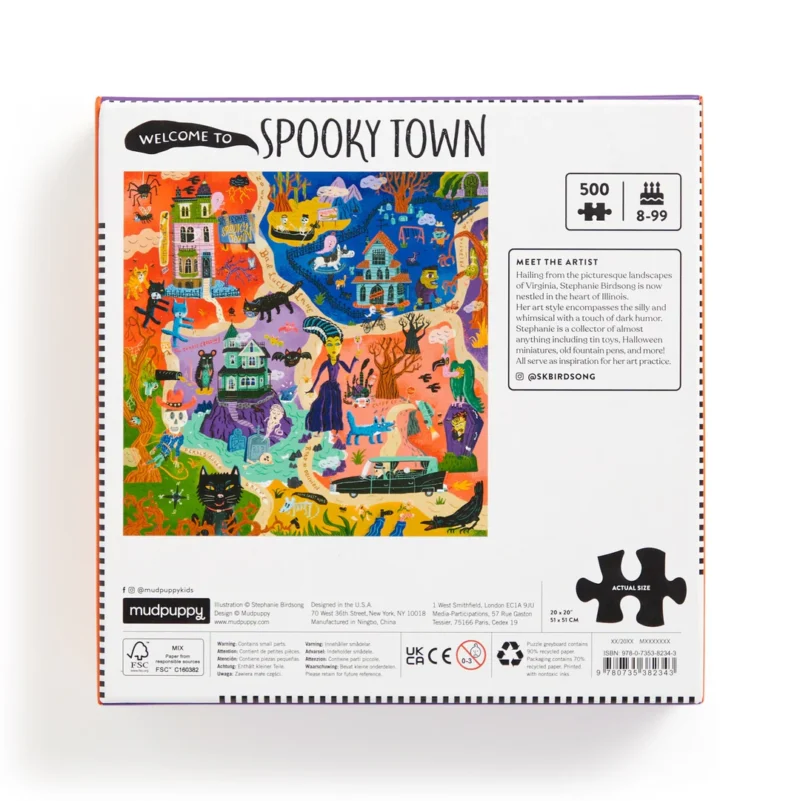 mudpuppy welcome to spooky town 500 piece jigsaw puzzle by stephanie birdsong box back