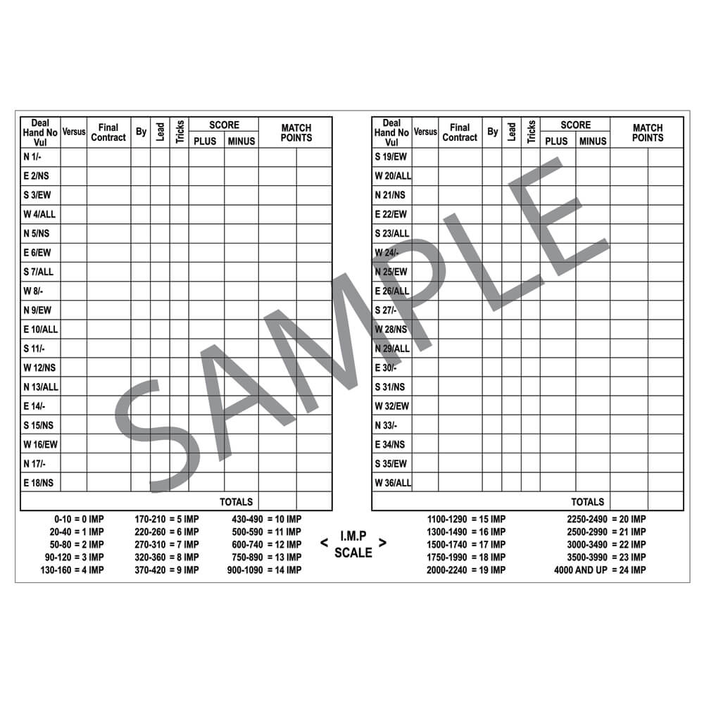 Duplicate Bridge Score Cards Simon Lucas Bridge Supplies